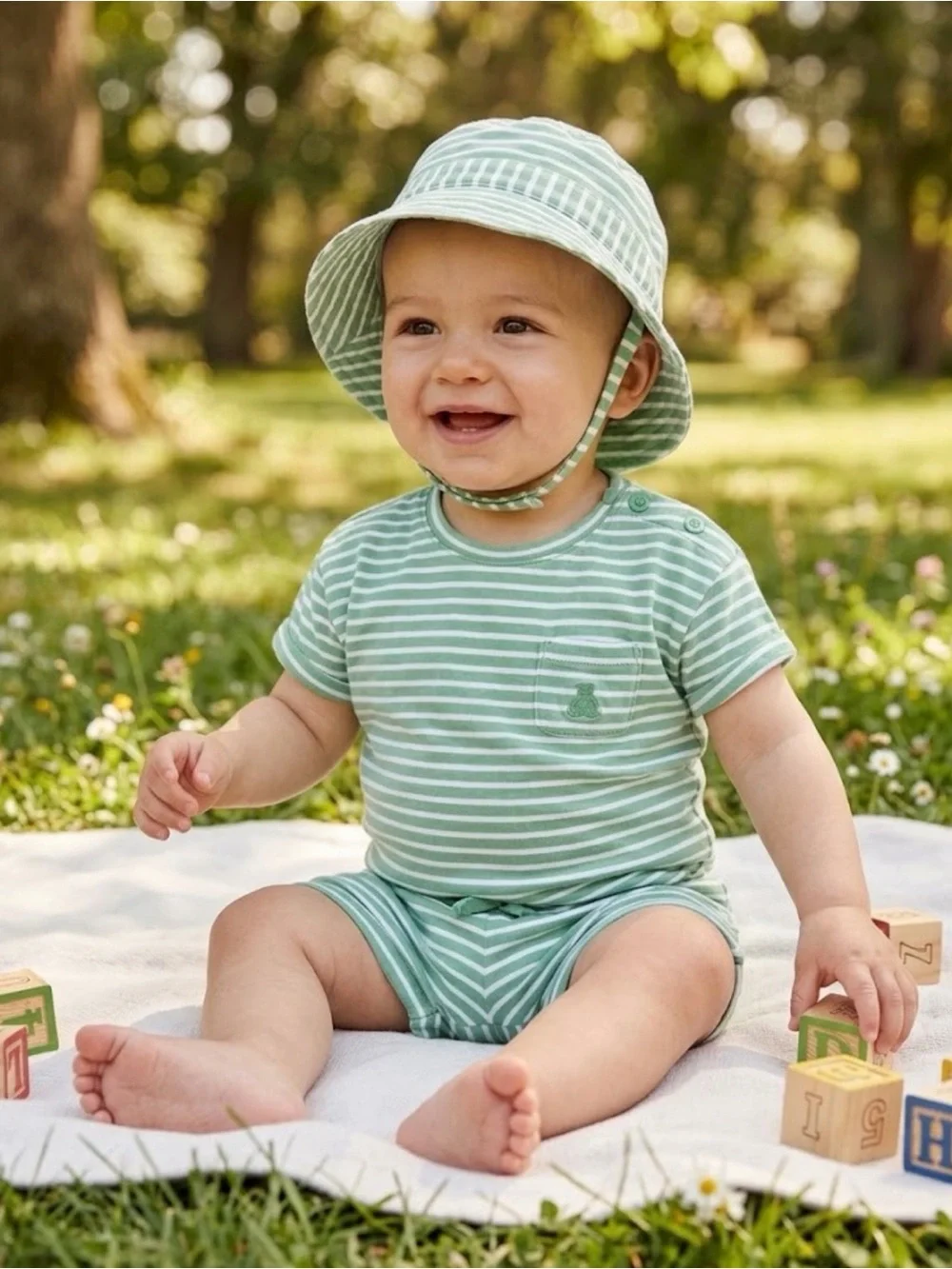 Baby Gap Green and White Striped Kids Matching Set with Hat